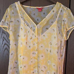 SUNNY LEIGH Womens XL Yellow Floral Silk Sheer Button Blouse 25x22x17